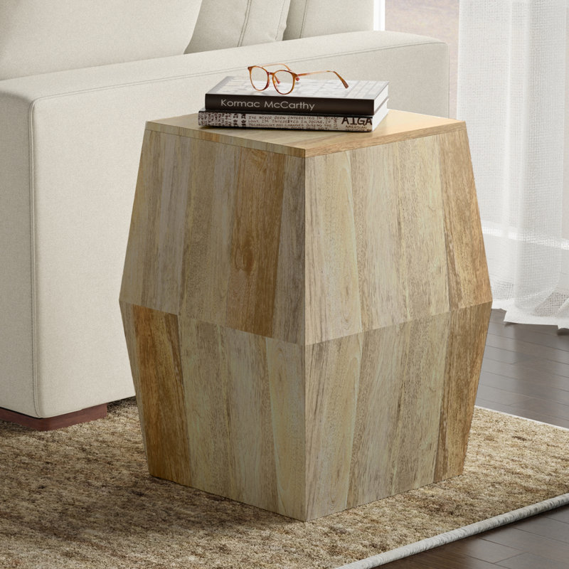 Terry 16"W Solid Mango Wood Contemporary Polygon Accent Table with Geometric Design, Natural