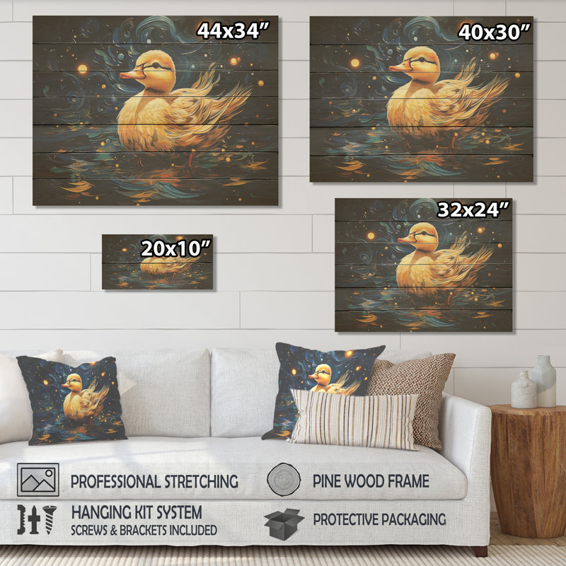 «Yellow Duck Starry Night Wonders» - animal canard sur bois, H 10 po x l 20 po