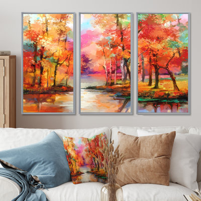 Arbres colorés d'automne au bord du lac en automne - ensemble d'art moderne sur toile encadrée moderne de 3
