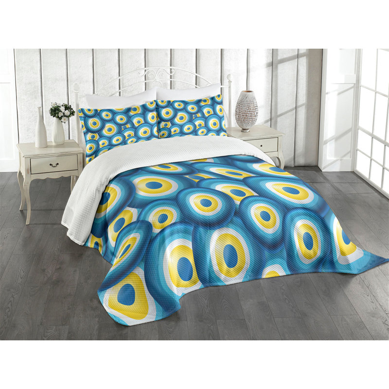 Ambesonne Evil Eye Bedspread Set Luck Overlap Blue White Yellow, King Bedspread + 2 Standard Shams