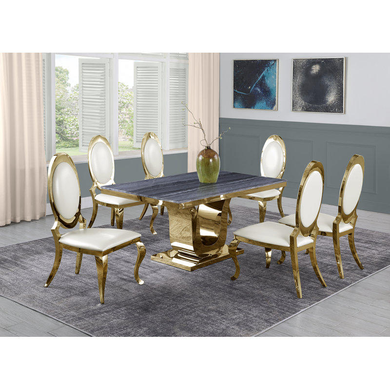 Ensemble de salle à manger en marbre blanc Sipes avec chaises en similicuir blanc Sipes, Blanc / argenté, 7