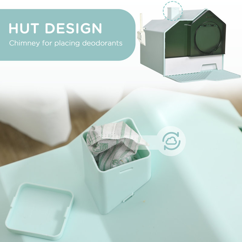 Light Blue House Shape Hooded Cat Litter Box with Drawer