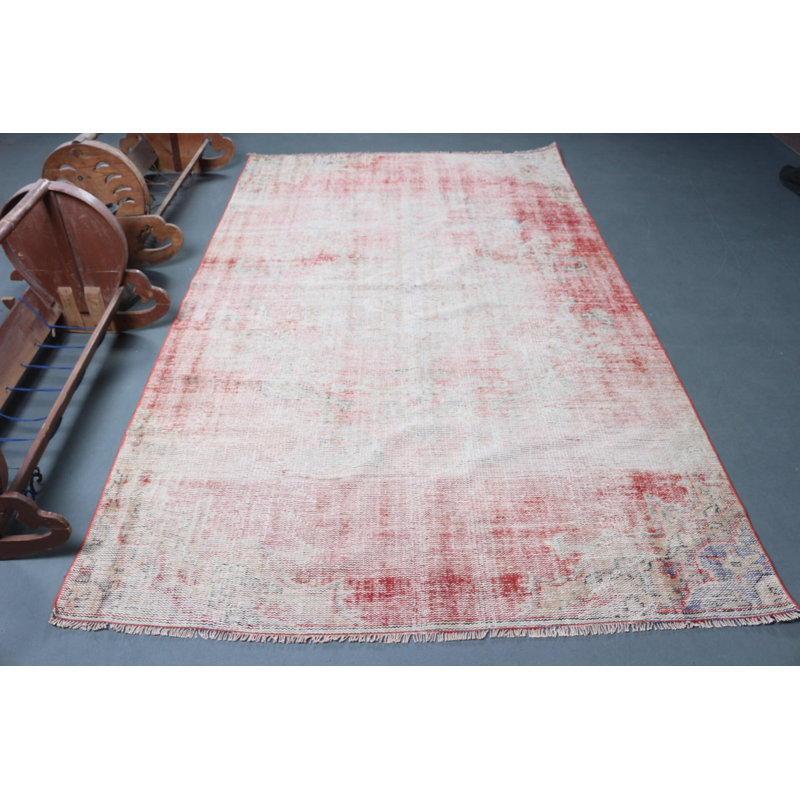 Tapis turc rétro avec un motif rouge délavé pour une décoration bohémienne unique de grande taille