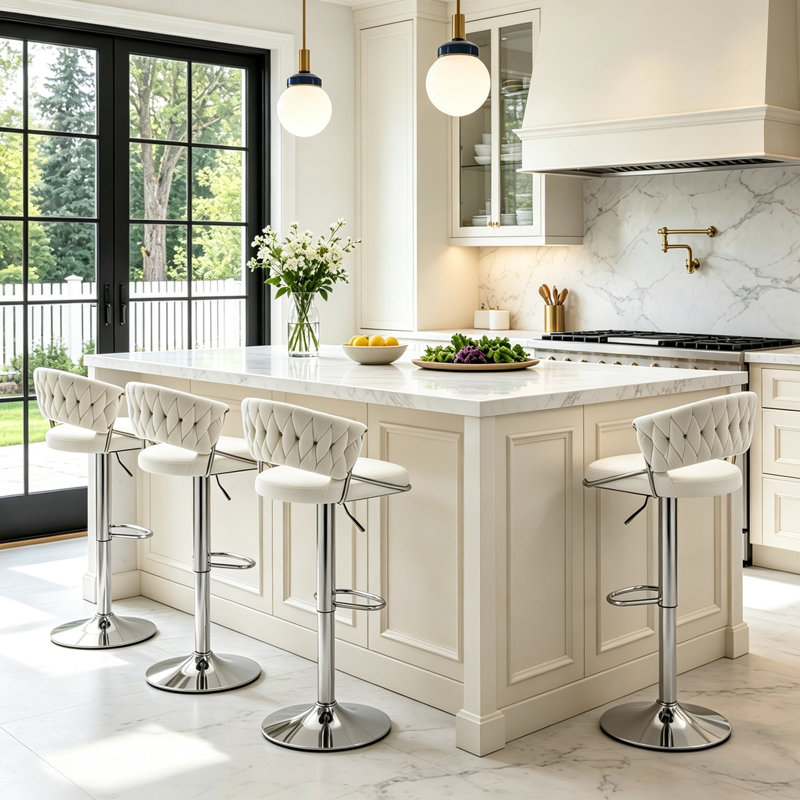 Christal Swivel Upholstered Adjustable Height Counter Stool, Ivory, Silver