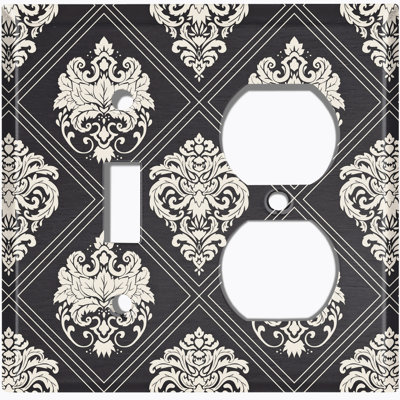 Metal Light Switch Plate Outlet Cover (Damask Black Diamond - (L) Single Toggle / (R) Single Outlet)