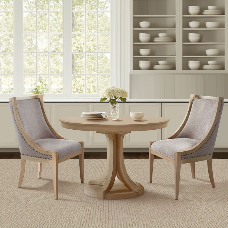 Martha Stewart Elmcrest Wood Upholstered  Dining Chair with Nailhead Trim, Linen Solid Color