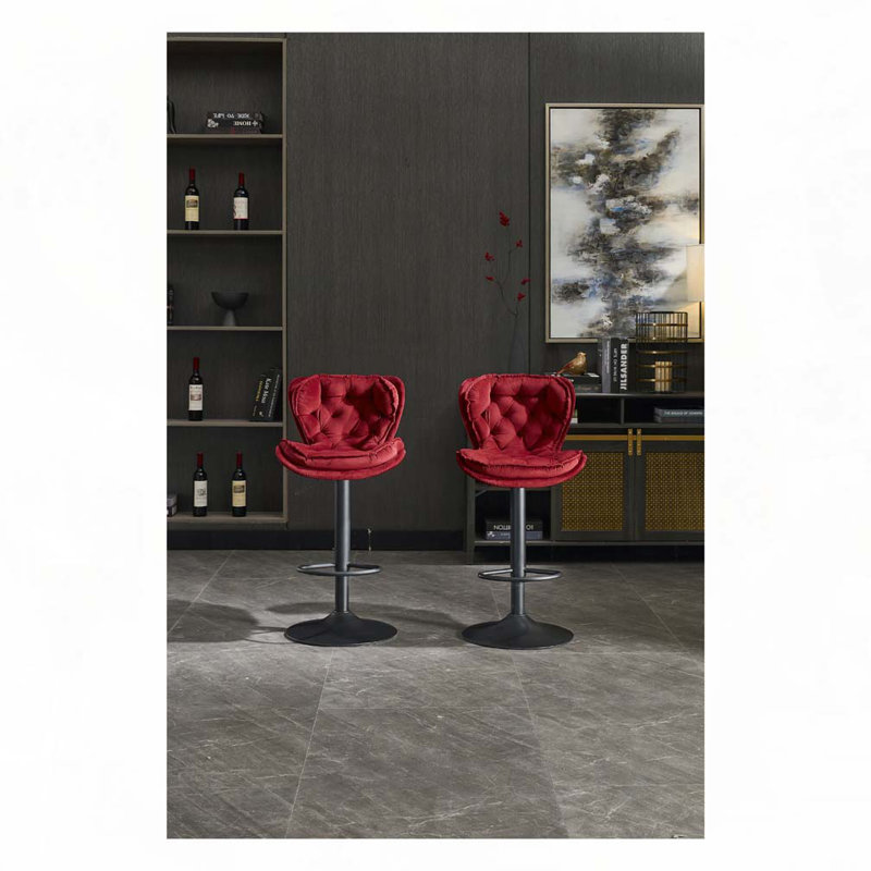 Tabourets de bar, avec repose-pieds chromé et base pivotante en velours, Siège rouge / cadre noir