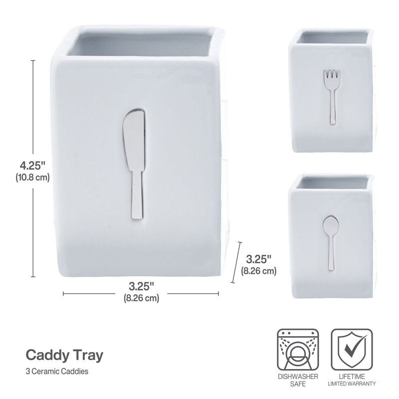 White Ceramic Flatware Caddy Set with Black Wood Tray