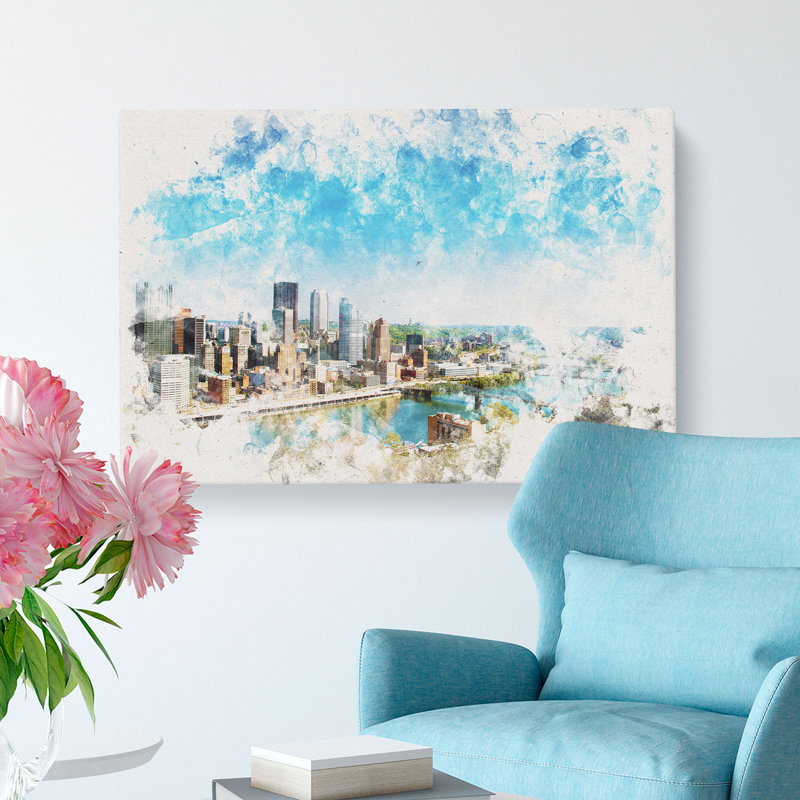 Skyline of Pittsburgh Pennsylvania Watercolour - Wrapped Canvas, 35cm H x 50cm W x 3cm D