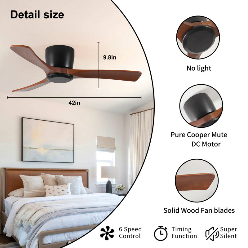 42 Inch Ceiling Fan No Light With Remote Control, Low Profile Flush Mount Ceiling Fan Without Light,Noiseless Reversible Dc Motor With Timer