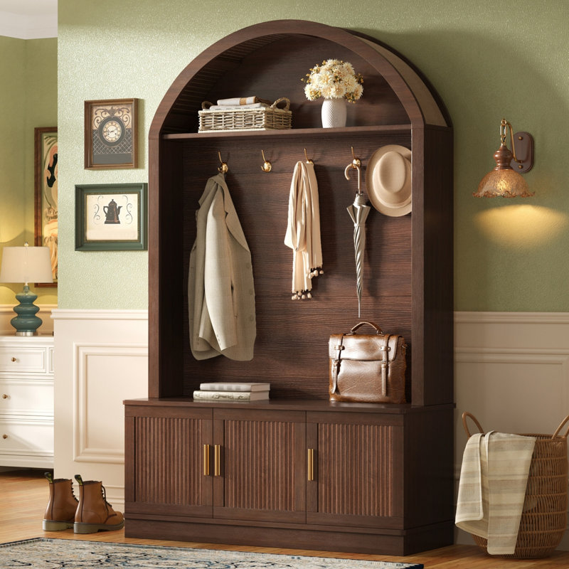 Farmhouse Arched Hall Tree with Storage Bench, Fluted Storage Cabinets, Adjustable Shelves and 5 Coat Hooks, Entryway Organizer
