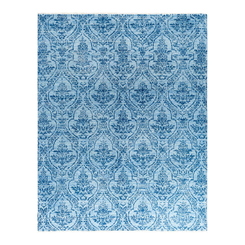 Handmade Blue Wool Rectangular Area Rug, 8' 1" x 10' 1"