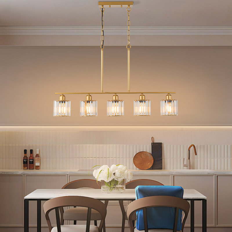 5-Light Glass Crystal Kitchen Island Pendant, Gold