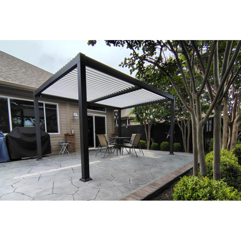 Pergola en aluminium à persiennes 10 pi x 14 pi avec cadre blanc réglable et imperméable gris pourpre, Blanc / Gris