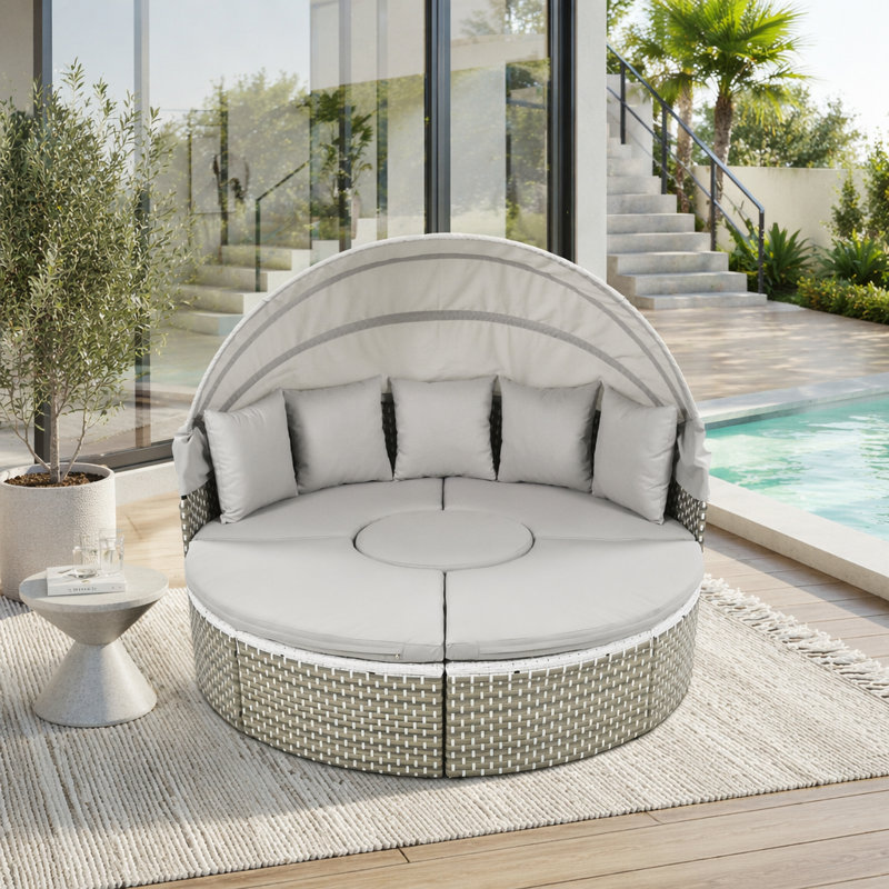 Ensemble de canapé modulaire d'extérieur rond en rotin à deux tons avec auvent rétractable, Gray