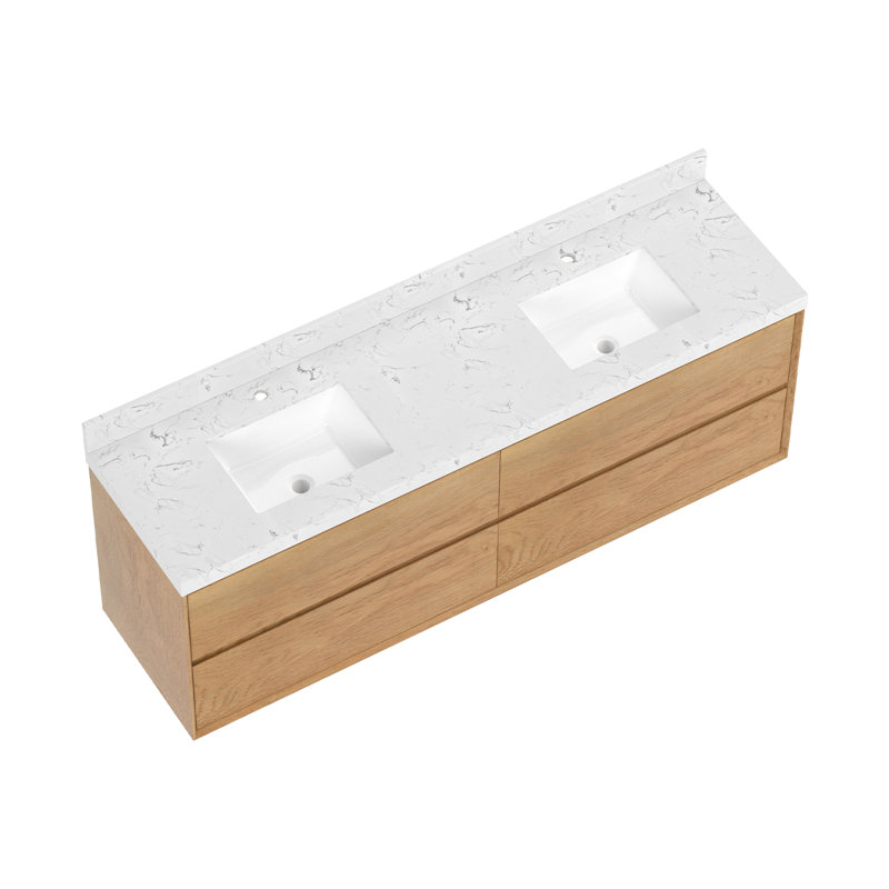 Ensemble de meuble-lavabo double 72 po avec comptoir en pierre d'ingénierie Calacatta, deux lavabos en céramique, tiroirs à fermeture en douceur, rangement flottant moderne
