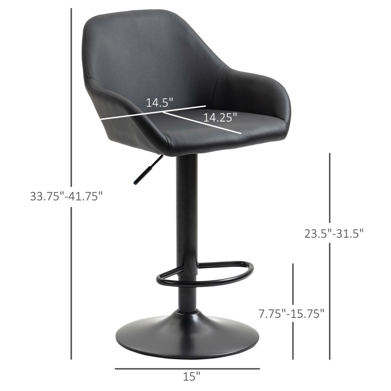 HOMCOM Adjustable Bar Stools, Swivel Counter Height Barstools with Footrest and Back, PU Leather and Steel Round Base, for Kitchen Counter and Dining Room, Set of 2, Black