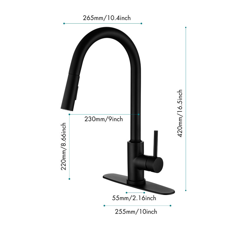 Pull Down Faucet For Kitchen, Matte Black Stainless Steel, 360 Rotatable Nozzle, Two Water Output Settings, Convenient Temperature And Flow Control Steel Kitchen With , Rotating Simple &