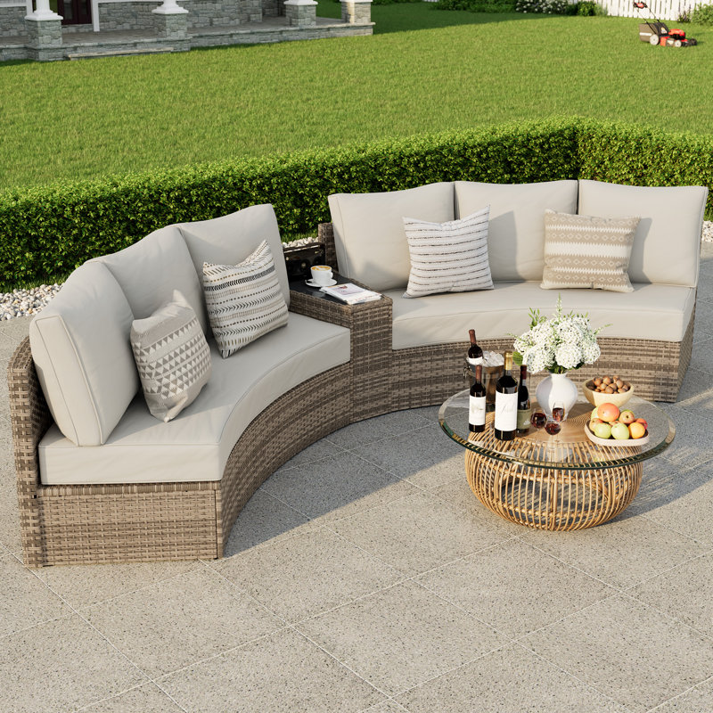 Leiny 7 Piece Half-moon Patio Conversation Set, With Large Storage Wedge Table, Beige, Beige