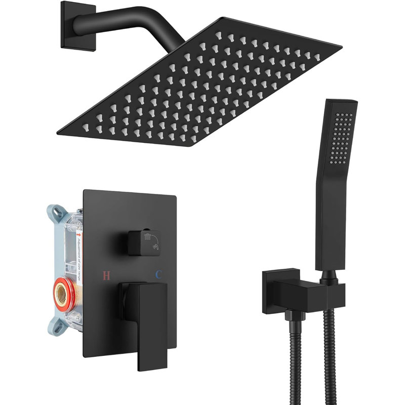Rainfall Bathroom Shower System Rain Shower Head and Handle Set Wall Mounted Shower Complete Combo Solid Brass Pressure Balancing Shower Mixer Valve 8 Inch Matte Black