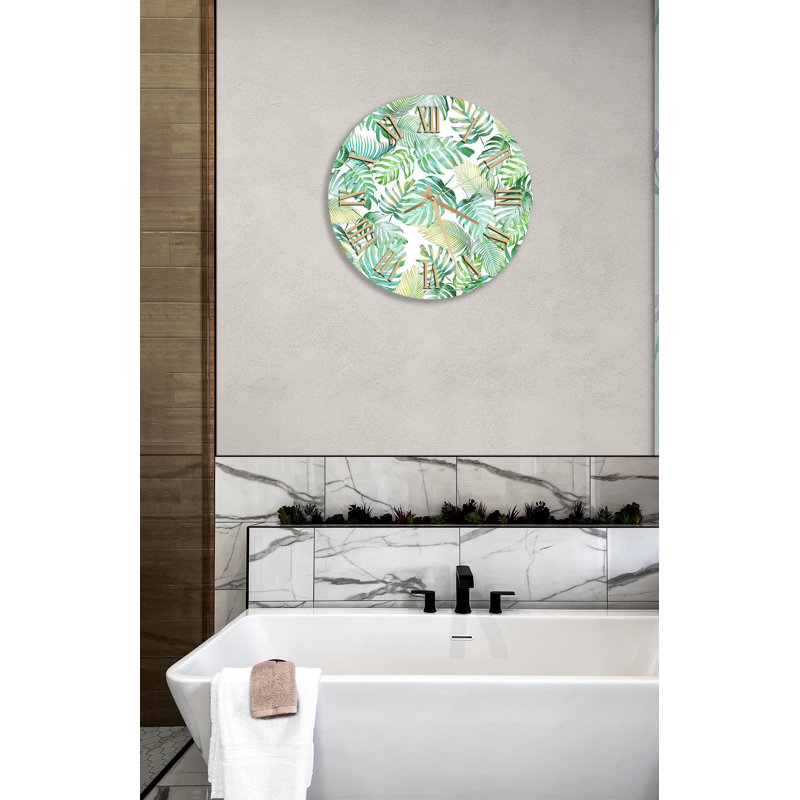 Horloge murale en verre trempé tropical feuille, art moderne vert et blanc, horloge murale, 20 pouces, Noir romain
