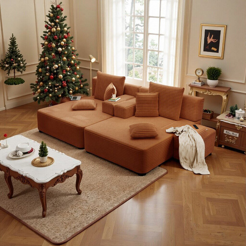 Ensemble de chaise longue surdimensionnée en velours côtelé moelleux avec rangement et canapé-lit convertible, Orange, 2