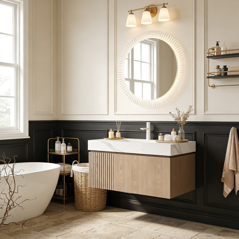 Meuble-lavabo flottant avec espace de rangement multifonctionnel et trou de robinet simple, Marron clair, 36"