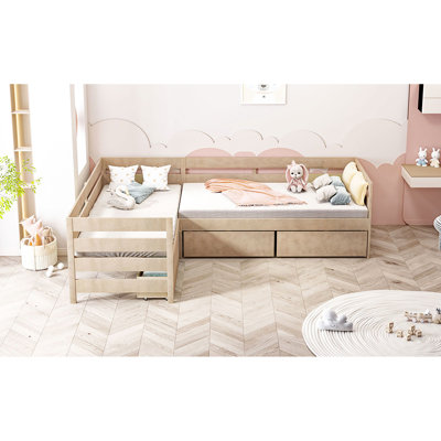 Twin L-Shaped Platform Bed - Modern Look With 3 Drawers In Natural Functional And Comfortable