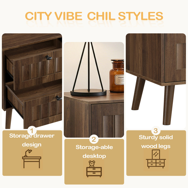 Table de chevet à deux tiroirs de style médiéval moderne avec pieds en bois massif, table de chevet de chambre à coucher, table de chevet de chambre à coucher, 15,75 po x 15,75 po x 22,64 po, couleur noyer, paquet de 2