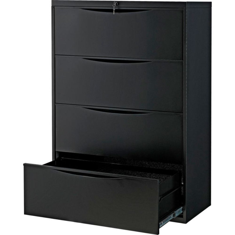 Black 36" Steel 4-Drawer Lockable Lateral File Cabinet