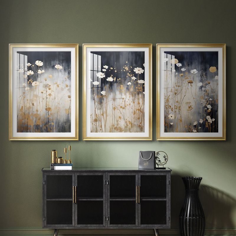 FLORAL Series CDXVI - Impression encadrée sur mesure de qualité supérieure - 3 pièces, H 21 po x l 30 po, Doré
