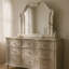 Commode large Nive avec miroir, 9 tiroirs, boutons nacrés, chêne argenté