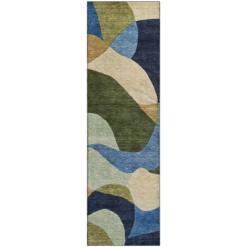 Premium Machine Washable Mayfield AMF2141 abstract Rug, 2'3" x 7'6" Runner, Green