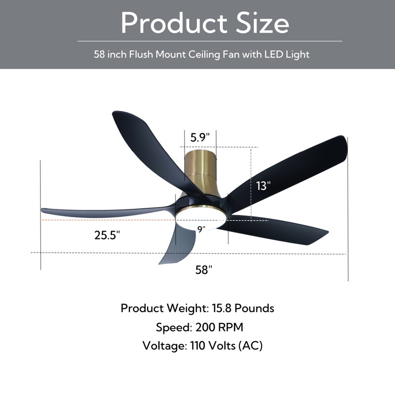 Lileah 5 - Blade LED Standard Ceiling Fan with Remote Control and Light Kit Included, Gold with Black Blades