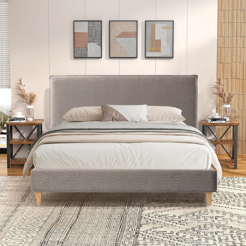 Grand lit plateforme tapissier Krystyne, Gris