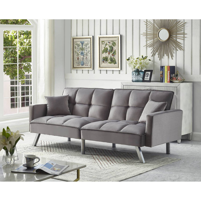 80'' Convertible Velvet Sofabed Sleeper Futon With 2 Pillows, Gray Brushed Velvet