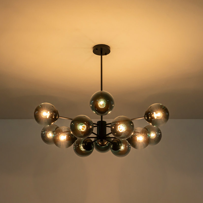 Ealf 12 - Light Gradient Blue Modern Linear Sputnik Glass Bubble Chandelier, Black