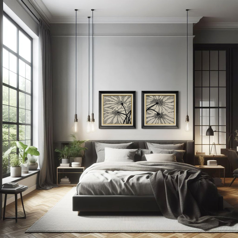 Black Dot Burst Botanical Silhouette Art Art, Cadre de galerie noir, H 26 po x l 26 po x P 1,5 po