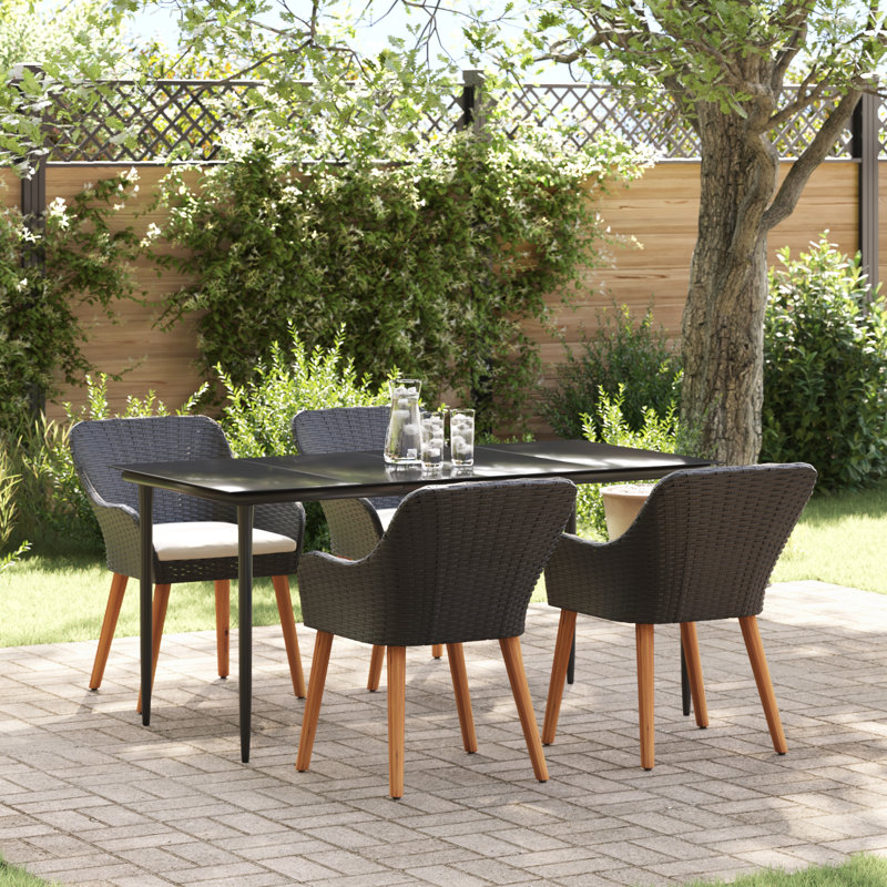  Ensemble de salle à manger de jardin 5 pièces en rotin de polyester noir, 4, 29.1" H x 63" W x 31.5" D, Black