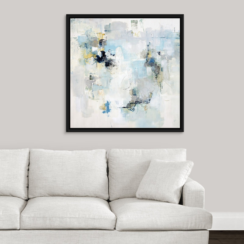 «Here and There», peinture sur toile, H 37,7 po x l 37,7 po x P 1,75 po, Cadre flottant noir