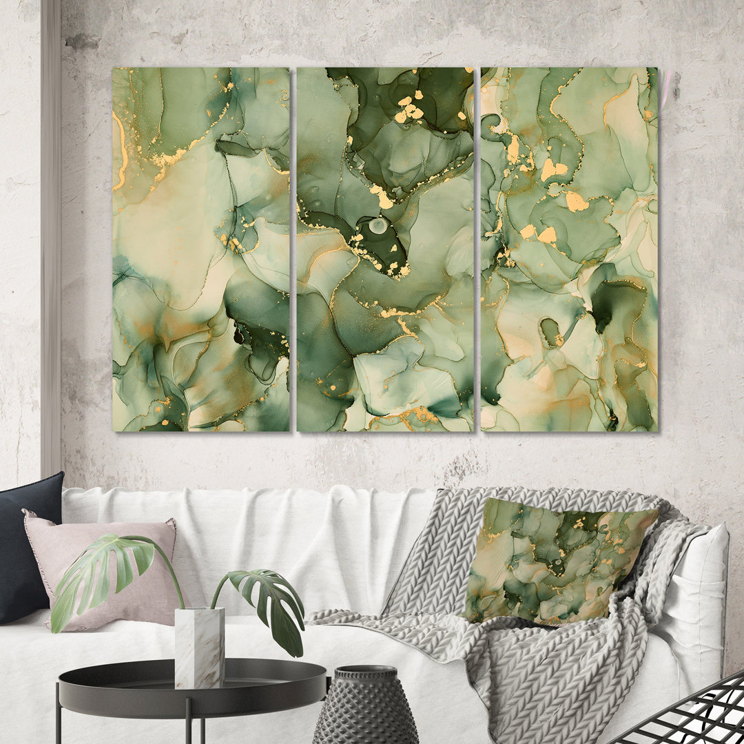 " Green Luxury Abstract Fluid Art I " 3 - Pieces East Urban Home 