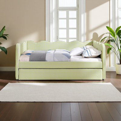 Full Size Cozy Gingham Daybed With Twin Size Trundle No Box Spring Needed, With USB Port And Adorable Wave Shaped