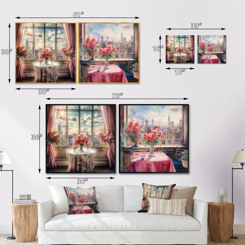 Beautiful Table View Of New York - Assortiment de bouquets carrés assortis, ensemble de 2, Cadre flottant noir