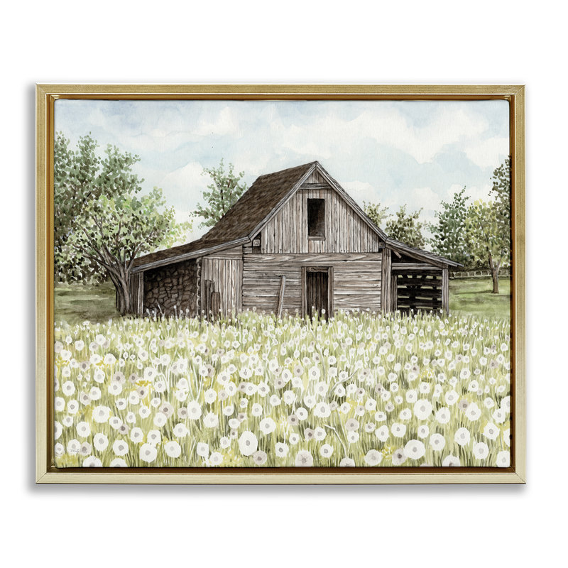 «White Poppy Farm Meadow» par Cindy Jacobs, H 17 po x l 21 po, Cadre flottant métallique doré