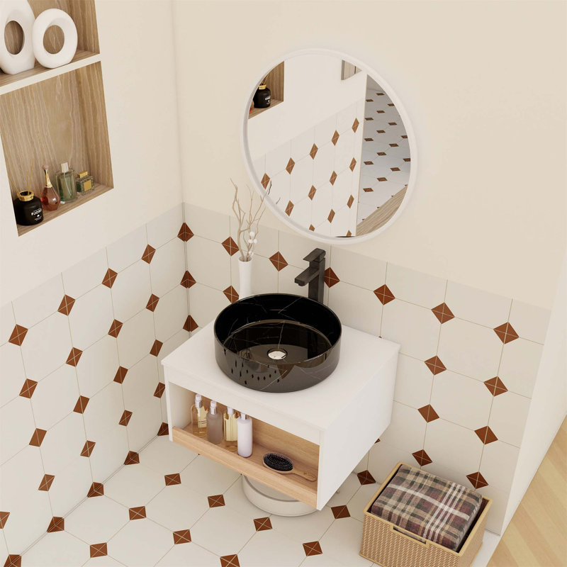 Meuble-lavabo flottant 24 po avec lavabo vasque en veine de marbre, fixation murale avec tablette ouverte, conception moderne peu encombrante en chêne clair et finition blanc brillant