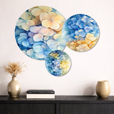 Ensemble de 3 décorations murales abstraites «Hortensia Horizon Of Simplicity I» à motif floral