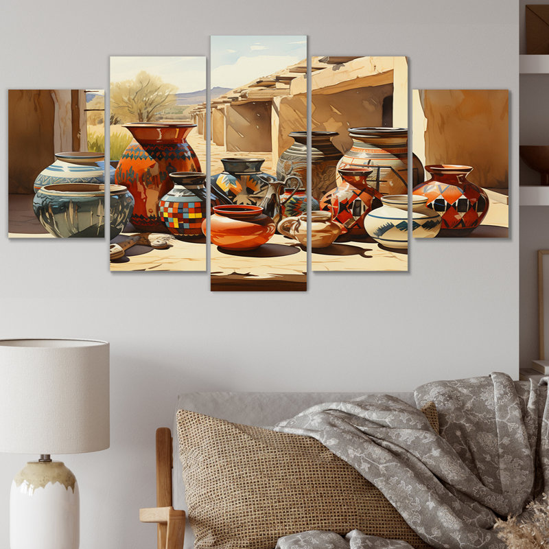 Native Art Pueblo Pottery II - art mural sur toile Native American - 5 panneaux