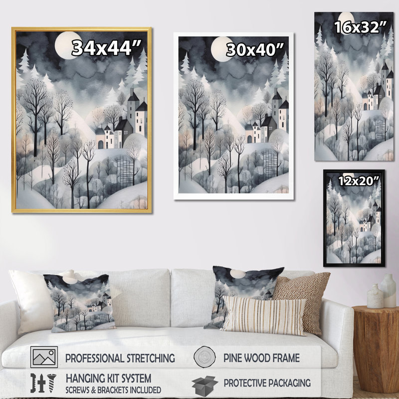 «Grey Cream Nordic Village», reproduction sur toile, Cadre flottant doré, H 32 po x l 16 po x P 1 po