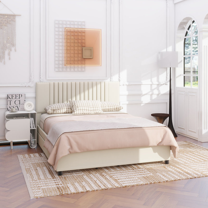 Lit plateforme tapissier avec 2 tiroirs et 1 lit gigogne simple, tête de lit classique, Grand lit, Beige
