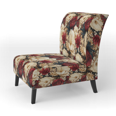 Rich Beige And Red Poppies Opulent Flowers - Upholstered Farmhouse Slipper Chair, Rustic Floral Accent Chair